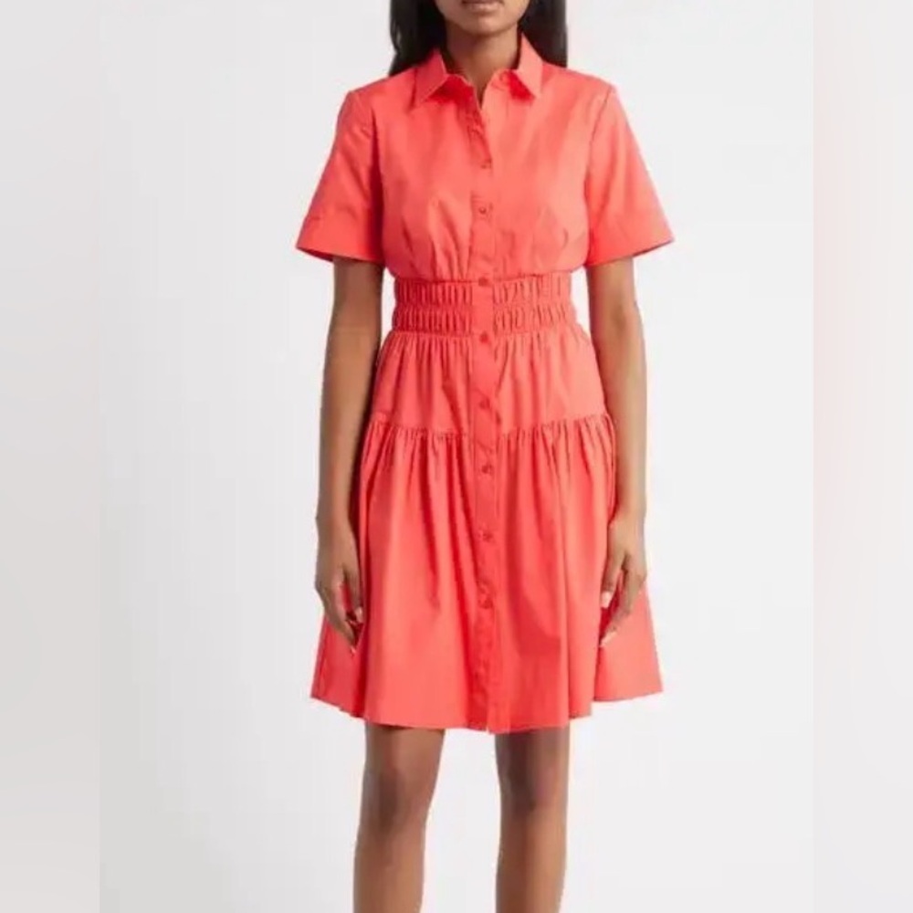 Vince Camuto Vibrant Coral Mini Dress‎ Smocked Waist Tiered Shirtdress Poppy 10